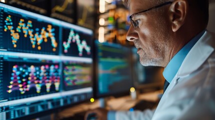 Scientist Analyzing Genetic Data on Multiple Computer Screens in a Research Lab at Night