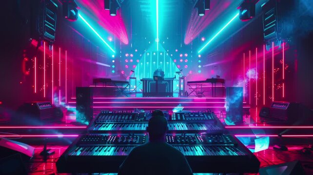 Futuristic synthwave concert with neon-lit instruments and a glowing stage. Seamless Loop Animation