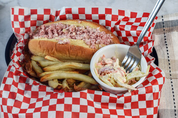 spam sallad sub with homamade french fries,