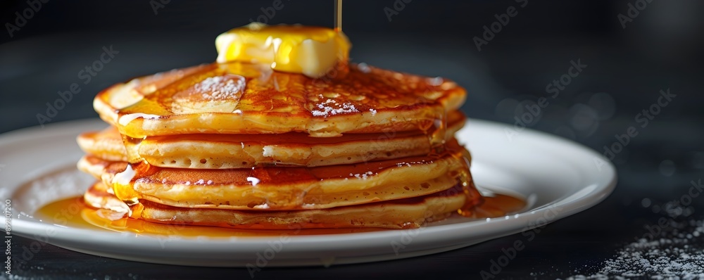 Poster neon glowing pancake stack with dripping syrup and butter on dark background