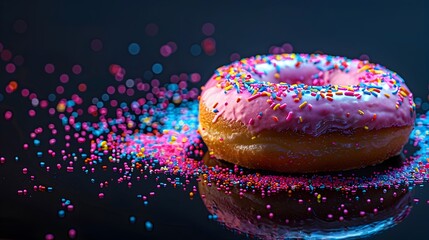 Glowing Neon Doughnut with Vibrant Frosting and Sprinkles on Isolated Dark Background