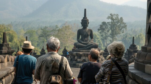 Magelang, Indonesia Several tourists are being guided by a tour guide at Borobudur Temple .AI generation