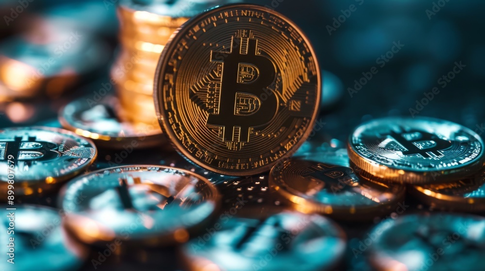 Poster a close-up view of shiny bitcoin cryptocurrency coins, emphasizing their intricate design and golden