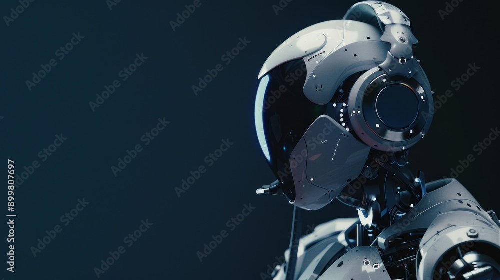 Aufkleber robot using headphone on dark background copy space, chatting bot service or music concept