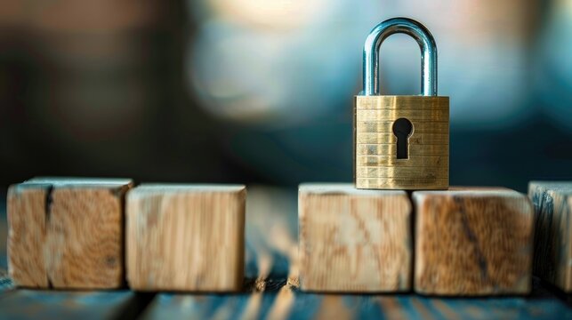 ISO 27001 implementation with lock on wooden blocks Concept of security system