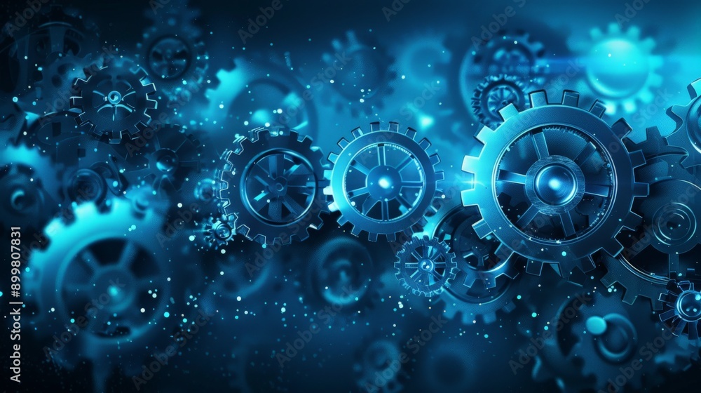 Poster Array of glowing blue gears in a dynamic mechanical system. Represents engineering, technology, and industrial innovation.