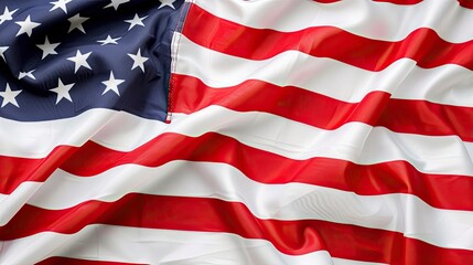 Obraz premium The vibrant colors of the American flag ripple gracefully in the wind, displaying unity and pride under a bright blue sky