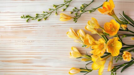 Spring template featuring yellow freesia flowers on light wooden background with text space