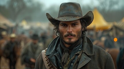 Western movie shot, front view of a cowboy ready to do a duel in middle of a wild west town