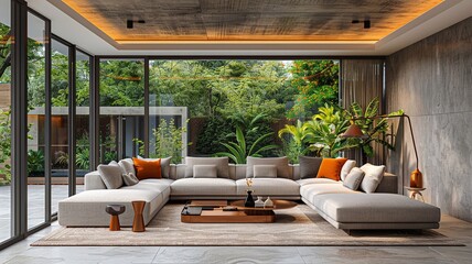 Fototapeta premium Contemporary living room with chic sofa and clean modern furniture, enriched by natural light, high resolution,
