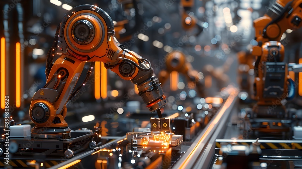 Poster robotic factory with automated electronic assembly line and glowing efficiency