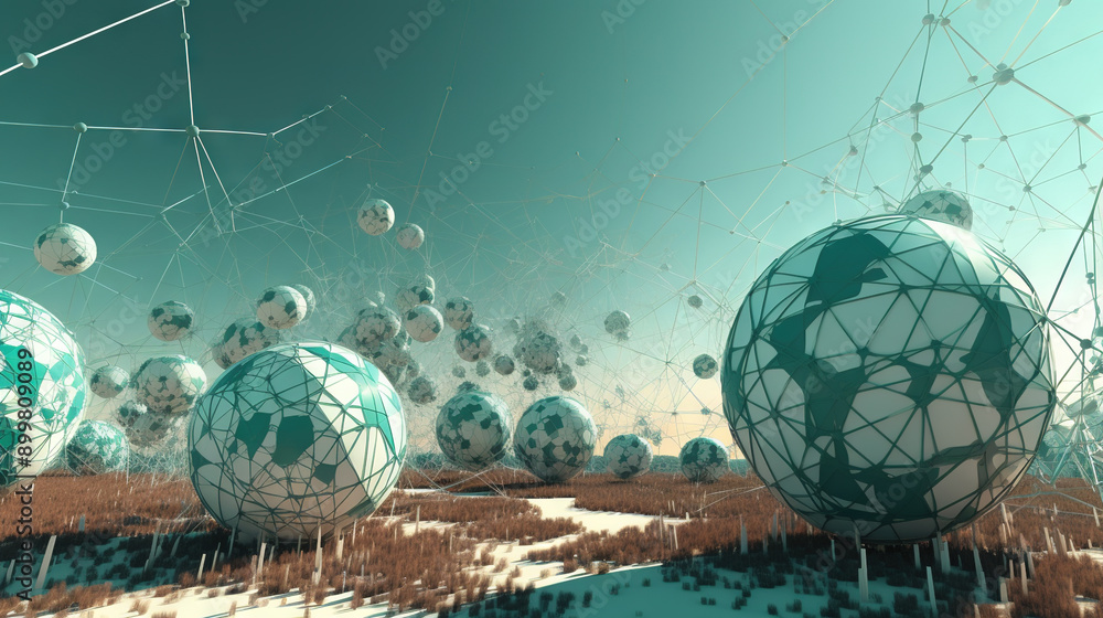 Aufkleber Abstract scfi-fi landscape with connected 3D balls and molecular grid structure. Futuristic surreal abstraction.