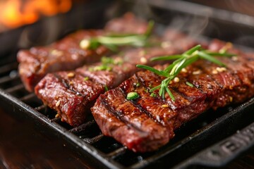 A close-up shot showcasing meat sizzling on a grill, with the flames and smoke adding to the cooking process, Japanese Wagyu Beef BBQ in a hot grilling pan, AI Generated