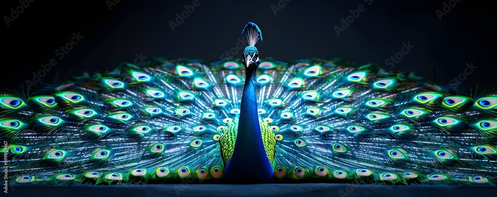 Poster Neon Peacock Displaying Radiant Feathers Against Black Background