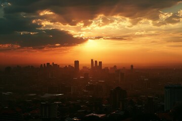 Fototapeta premium The sun is setting behind tall buildings in a city, casting a warm golden glow over the urban landscape, Johannesburg's skyline in the shadow of sunset, AI Generated