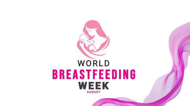 World Breastfeeding week. Mother son icon motion. ribbon wave animation.