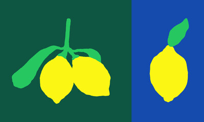 Hand-drawn bold lemon illustration. Flat citrus vector elements. Lemons with leaves