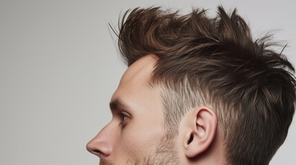 Fototapeta premium A close-up profile view of a man showcasing his stylish and modern haircut. The image highlights the clean lines and texture of his hair, emphasizing the contemporary look. The background is simple