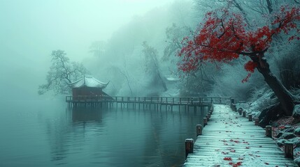 Winter Wonderland, Mist Shrouded Lake and Wooden Pathway Leading to a Tranquil Pagoda