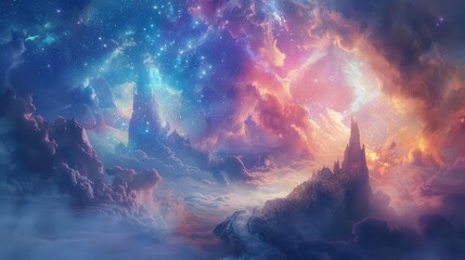 Obraz premium A lone figure stands on a misty plateau, gazing up at a spectacular cosmic sky filled with swirling nebulae and stars.
