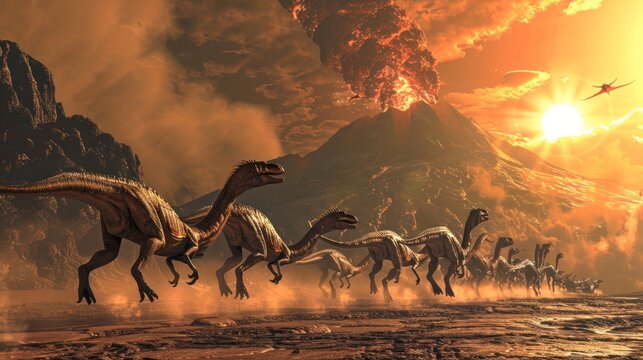 illustration of dinosaurs with an erupting volcano