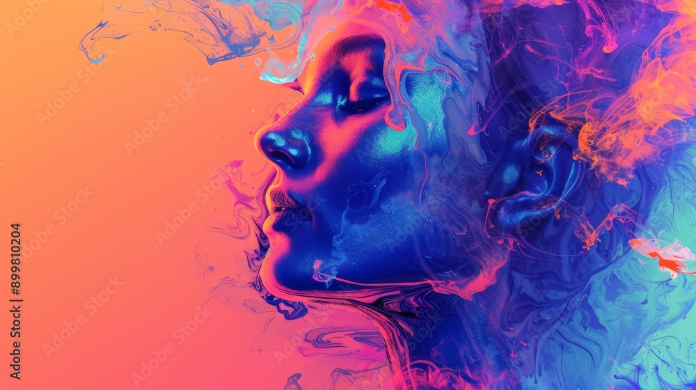 Poster colorful abstract portrait of a human face with swirling patterns against an orange background. fusi