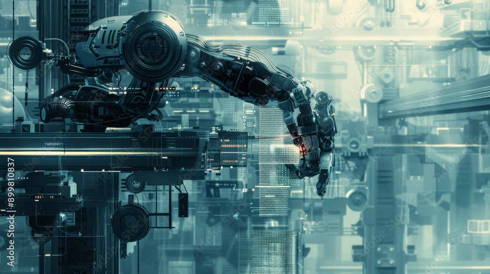 Aufkleber Futuristic robotic arm working with digital interfaces in a high-tech facility. Advanced automation and AI in industrial technology.