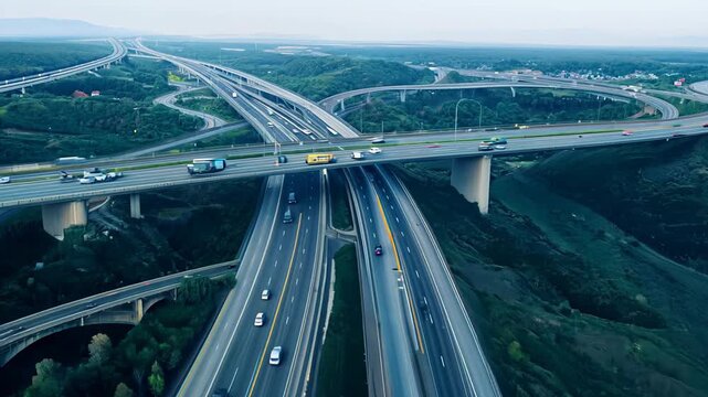 Aerial view of a vast, multi-lane highway stretching into the horizon, surrounded by greenery and a few scattered buildings