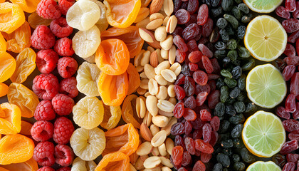 colorful dried fruits with berries, assorted nuts and seeds. Healthy food background
