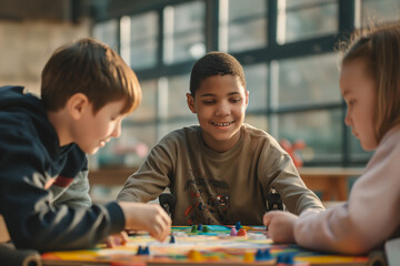 Three diverse children playing a board game together, Kids enjoying a board game, showcasing...