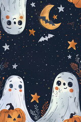 Obraz premium Halloween invitation card with charming illustrations of friendly ghosts, bats, jack-o'-lanterns and stars and a crescent moon. Vertical template for child birthday party in October
