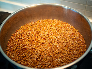 A buckwheat dish in a metal pot