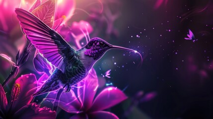 Hummingbird flying on flower neon glowing futuristic