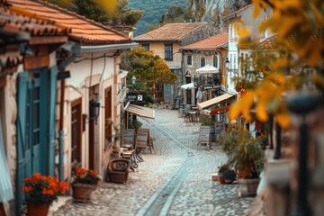 Fototapeta premium A narrow cobblestone street lined with charming, colorful buildings in a picturesque village. Autumn leaves add a touch of warmth to the scene.