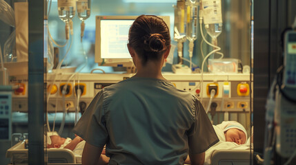stressed neonatal nurse caring for infant from behind with nurse uniform and medical equipment captured with 50mm lens golden ratio composition