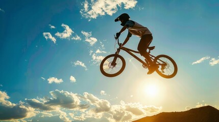 Obraz premium A man is riding a bike in the air