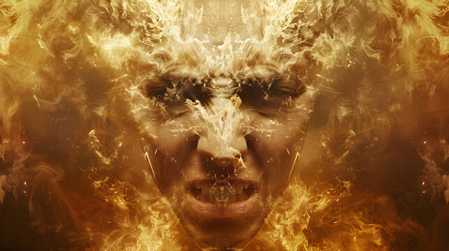 Abstract representation of anger concept. Fury Unleashed: A feeling of intense anger. Portrait of angry aggressive woman in flames. Expressionism style concept. 