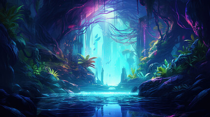 Fototapeta premium Magic forest with blue and purple neon colors and glowing. Mysterious pathway in the jungle.