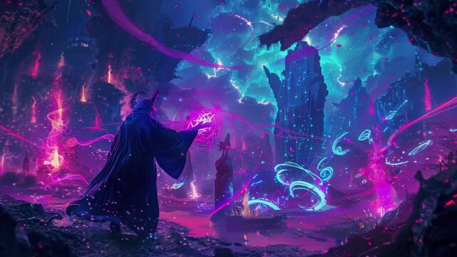 Magic and sorcery in synthwave style with neon-lit spells and a dark background. Seamless Loop Animation