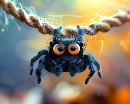 A whimsical close-up of a cute spider with large eyes hanging from a rope, captured in a vibrant outdoor setting. - Powered by Adobe