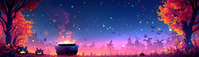 A magical landscape featuring a bubbling cauldron under a starry sky, surrounded by vibrant autumn trees in enchanting colors.