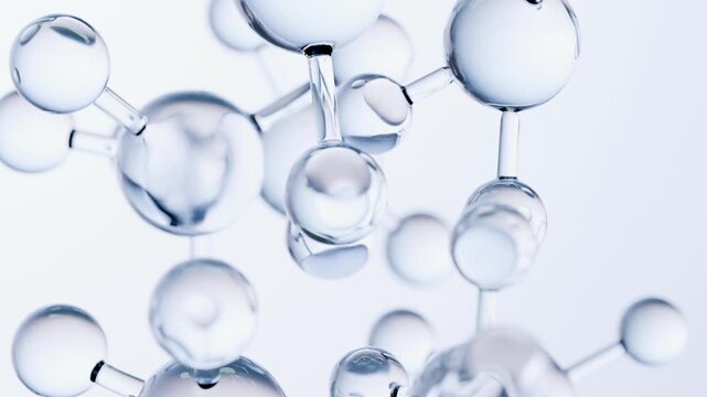molecules or atoms, molecular structure, biochemical. chemical formula, fluid flow. Water Liquid Bubbles, atoms floating, skin care Cosmetics, Vitamin, pharmaceutical beauty medical concept, 3d render