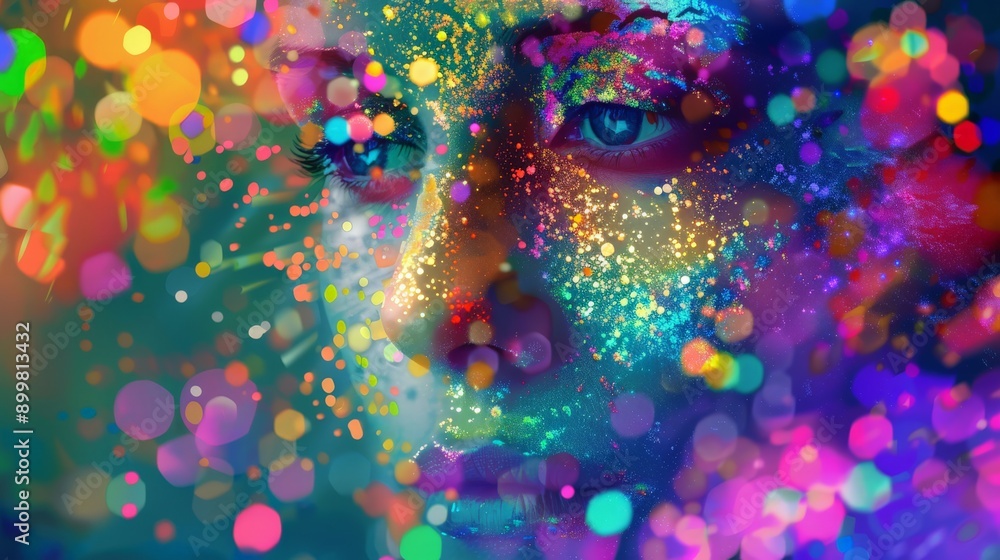 Aufkleber Colorful close-up of a robot face with digital lights and effects representing AI and futuristic technology. Creativity and innovation in robotics.