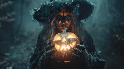 old witch with pumpkin, darkness halloween concept