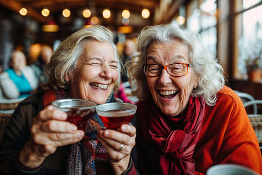 Senior women laughing joyfully while toasting with cocktails, enjoying friendship and vibrant social life in cozy restaurant, demonstrating active aging and zest for life