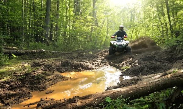 A man driving a quad bike through a wild, muddy forest area, with every wheel stuck in the mud. His dynamic ride through unpredictable terrain full of forest obstacles.
