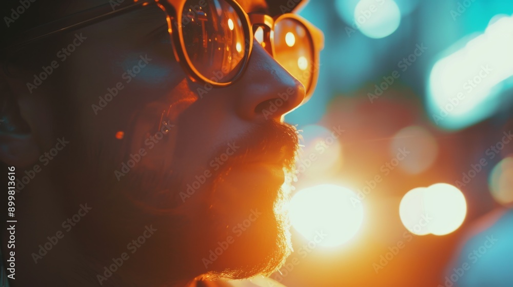 Poster Close-up portrait of a man wearing glasses, illuminated by vibrant night lights, creating a colorful and dynamic atmosphere. The focus on the glasses and the soft bokeh background enhances the modern