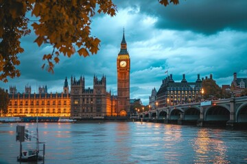 Naklejka premium The Big Ben Clock Tower Towering Over the City of London, London's cityscape featuring the iconic Big Ben, AI Generated