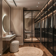 A stylish interior featuring a modern dressing area.