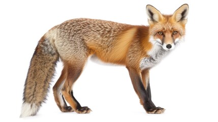 Fototapeta premium Red fox standing alertly, with a plain white background